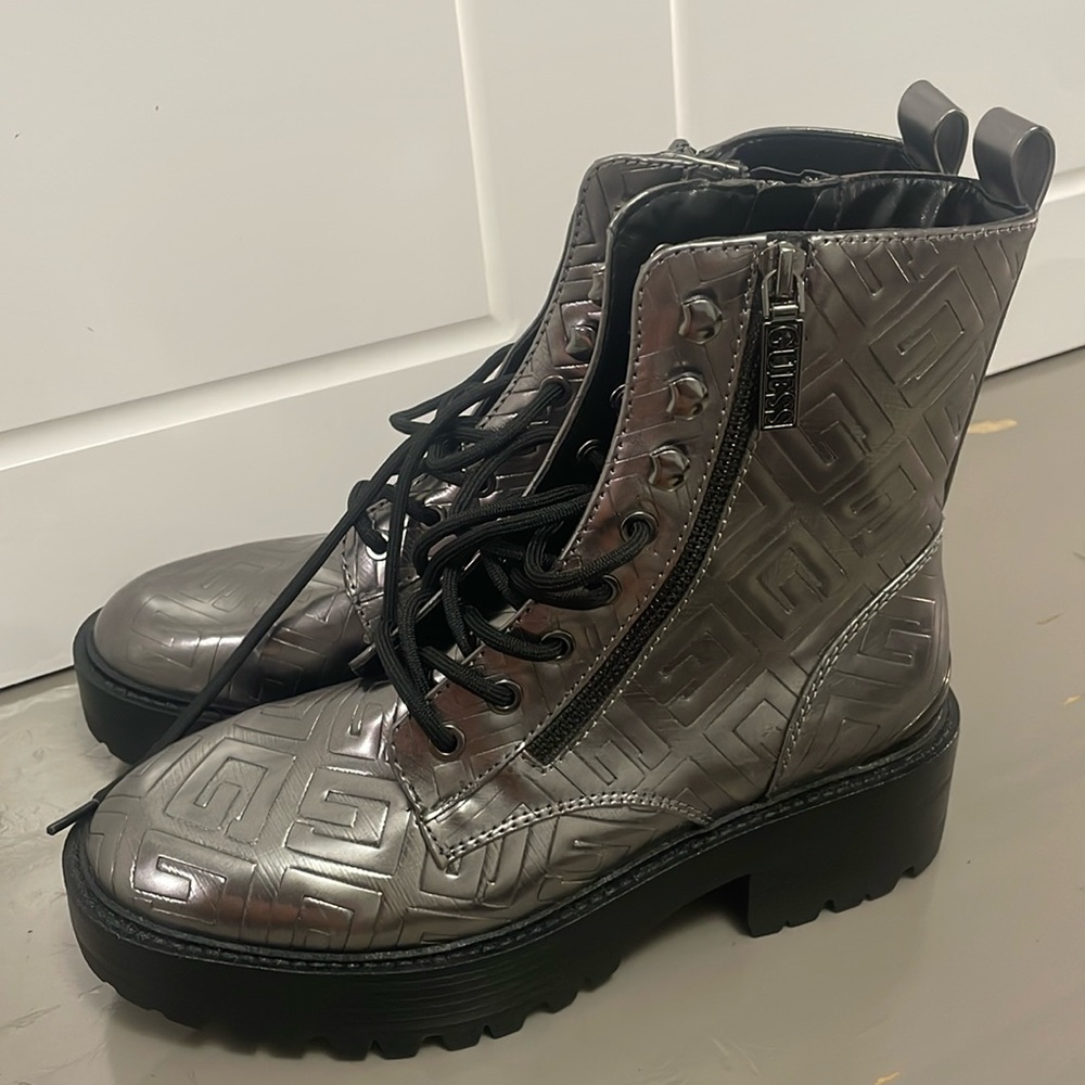 Guess Shiny Silver Embossed Combat Boots